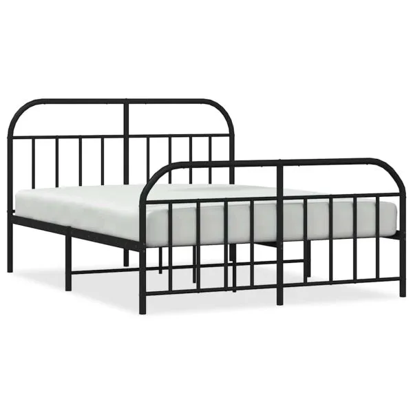 Cadru pat metalic cu tăblie de cap/picioare, negru, 135×190 cm