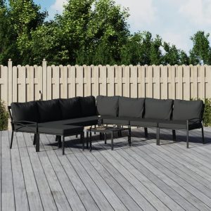 Set mobilier de grădină cu perne gri, 9 piese, oțel