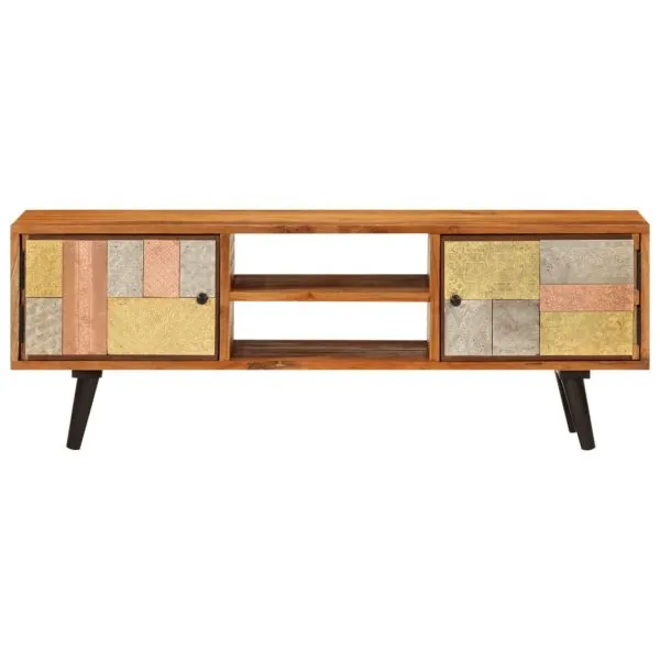 Comodă TV cu uși, 112x30x40 cm, lemn masiv de acacia și metal