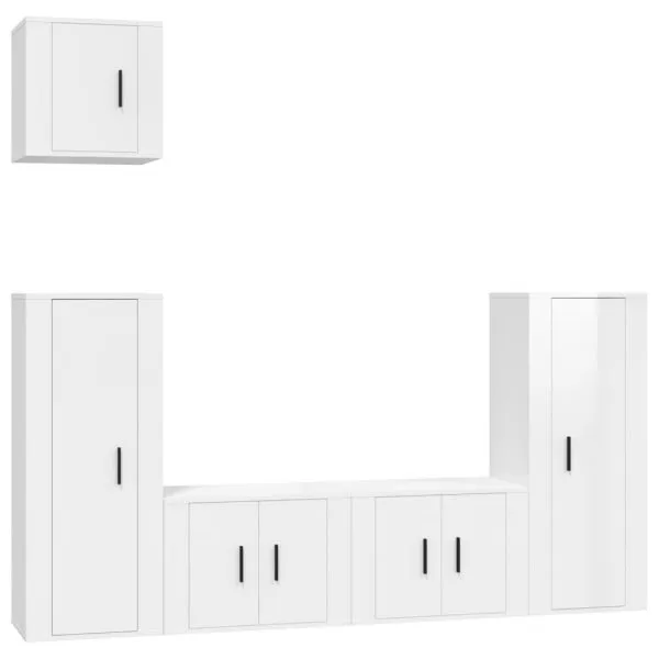 Set dulap TV, 5 piese, alb extralucios, lemn prelucrat