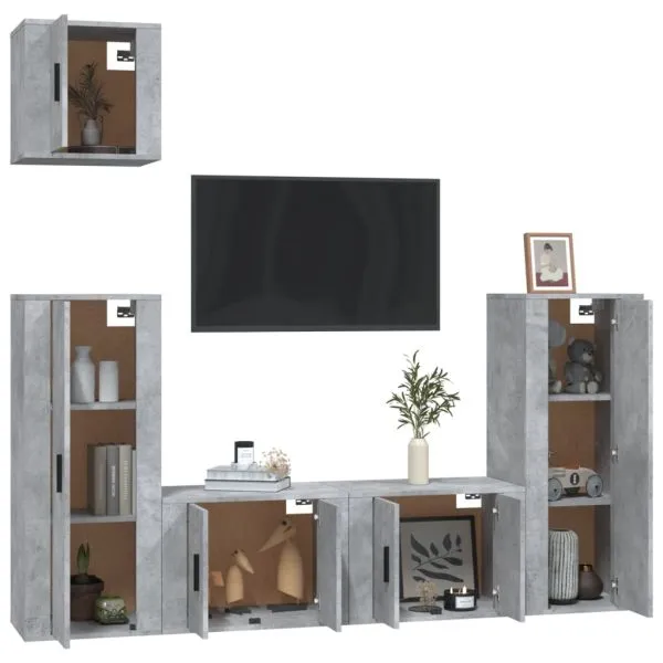 Set dulap TV, 5 piese, gri beton, lemn prelucrat