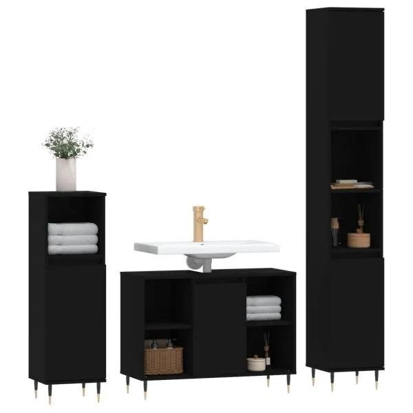 Set mobilier de baie, 3 piese, negru, lemn compozit