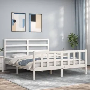 Cadru de pat cu tăblie, alb, king size, lemn masiv