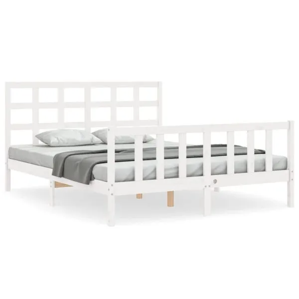Cadru de pat cu tăblie, alb, king size, lemn masiv