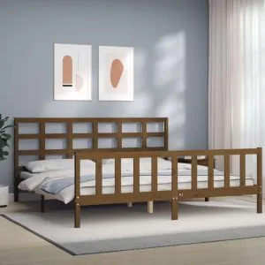 Cadru pat cu tăblie, maro miere, 200×200 cm, lemn masiv