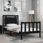 Cadru de pat cu tăblie Small Single, negru, lemn masiv