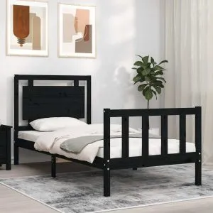 Cadru de pat cu tăblie Small Single, negru, lemn masiv