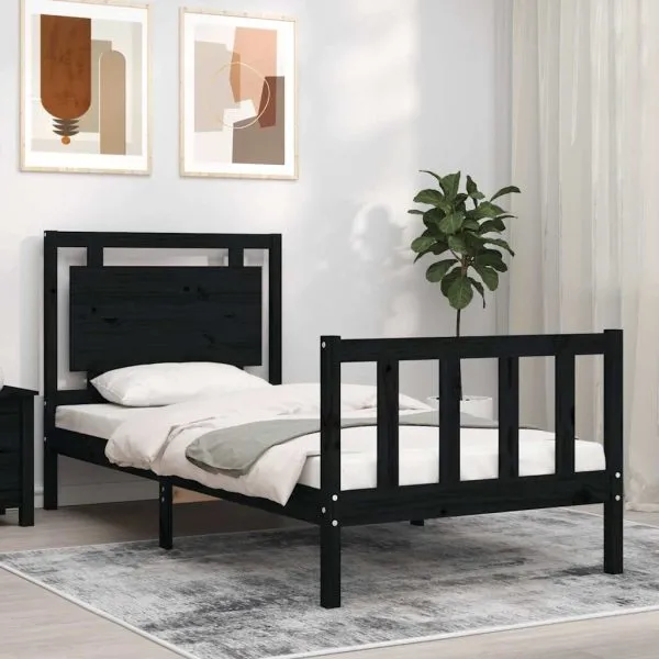 Cadru de pat cu tăblie Small Single, negru, lemn masiv
