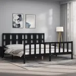 Cadru pat cu tăblie 200×200 cm, negru, lemn masiv