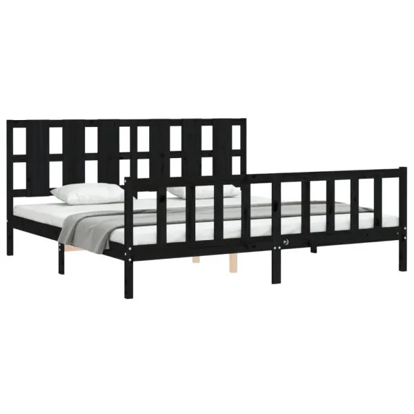 Cadru pat cu tăblie 200×200 cm, negru, lemn masiv