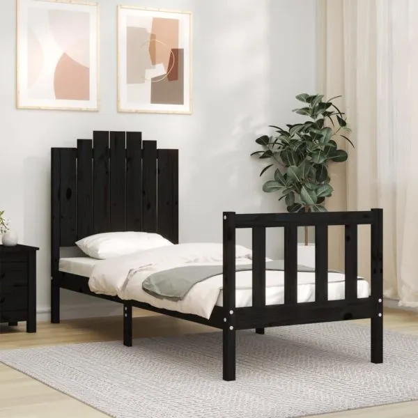 Cadru de pat cu tăblie Small Single, negru, lemn masiv