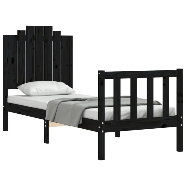 Cadru de pat cu tăblie Small Single, negru, lemn masiv