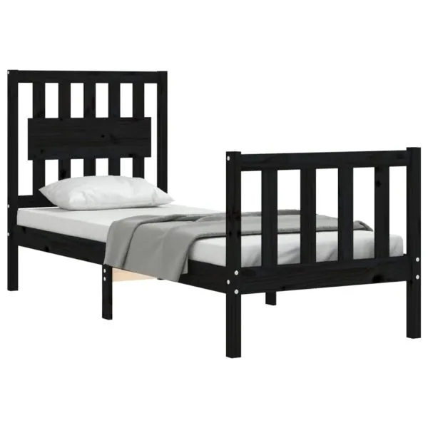 Cadru de pat cu tăblie Small Single, negru, lemn masiv