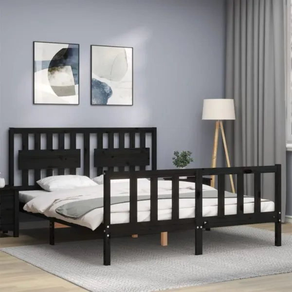 Cadru de pat cu tăblie, negru, king size, lemn masiv