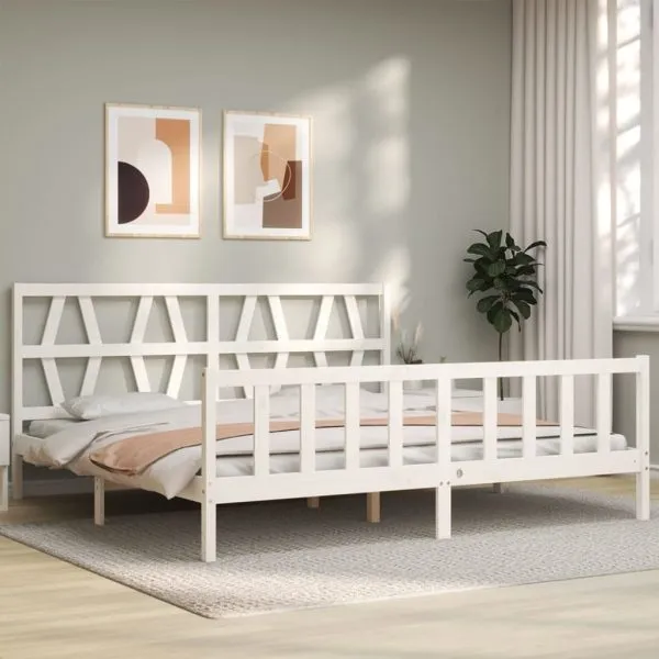Cadru de pat cu tăblie Super King Size, alb, lemn masiv