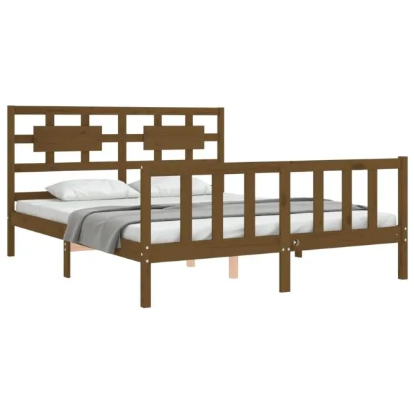 Cadru de pat cu tăblie, maro miere, king size, lemn masiv