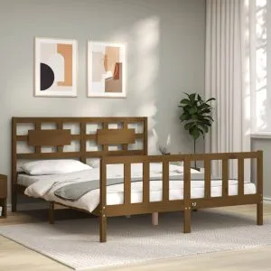 Cadru de pat cu tăblie, maro miere, king size, lemn masiv