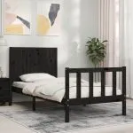 Cadru de pat cu tăblie Small Single, negru, lemn masiv