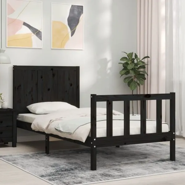 Cadru de pat cu tăblie Small Single, negru, lemn masiv