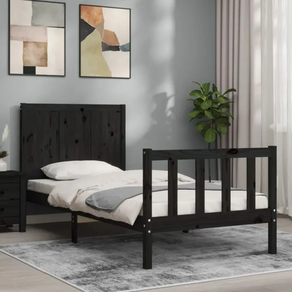 Cadru de pat cu tăblie Small Single, negru, lemn masiv