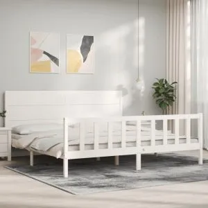 Cadru de pat cu tăblie Super King Size, alb, lemn masiv