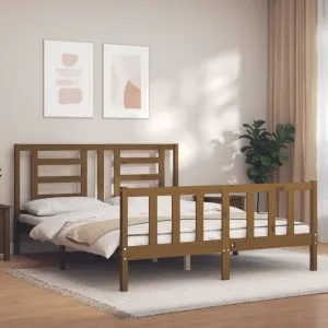 Cadru de pat cu tăblie, maro miere, king size, lemn masiv