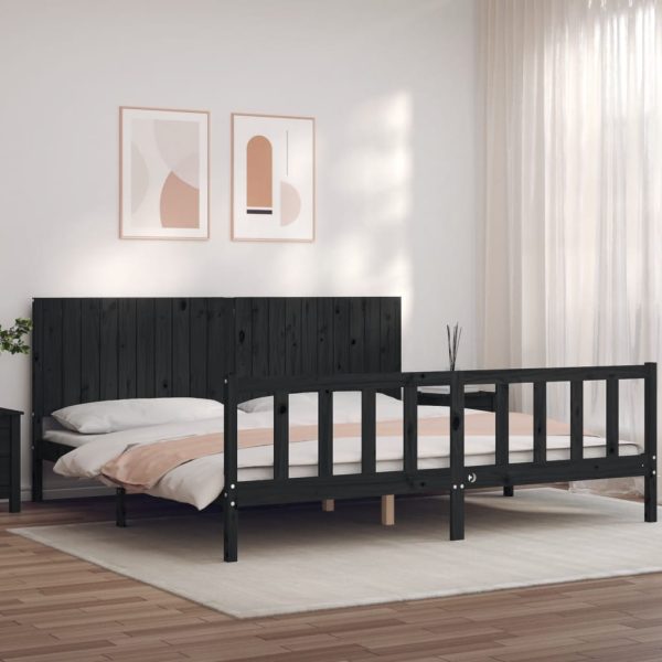 Cadru pat cu tăblie 200×200 cm, negru, lemn masiv
