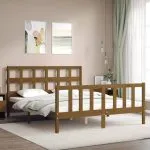 Cadru de pat cu tăblie, maro miere, king size, lemn masiv