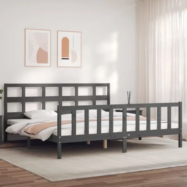 Cadru pat cu tăblie 200×200 cm, gri, lemn masiv