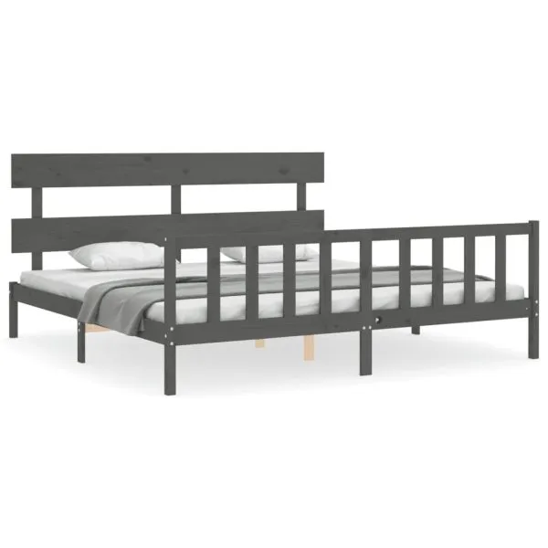 Cadru pat cu tăblie 200×200 cm, gri, lemn masiv