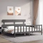 Cadru pat cu tăblie 200×200 cm, gri, lemn masiv