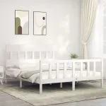 Cadru de pat cu tăblie, alb, king size, lemn masiv