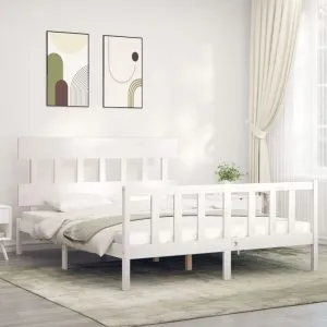 Cadru de pat cu tăblie, alb, king size, lemn masiv