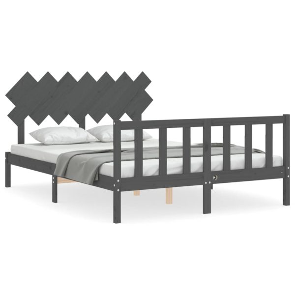 Cadru de pat cu tăblie, gri, king size, lemn masiv