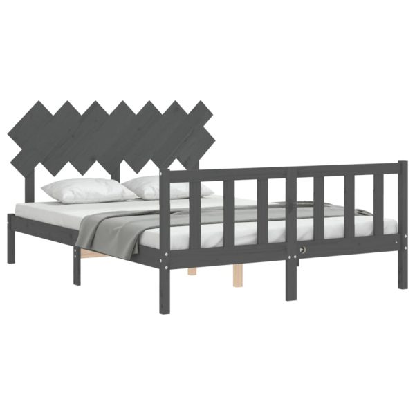 Cadru de pat cu tăblie, gri, king size, lemn masiv