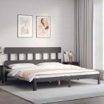 Cadru pat cu tăblie 200×200 cm, gri, lemn masiv