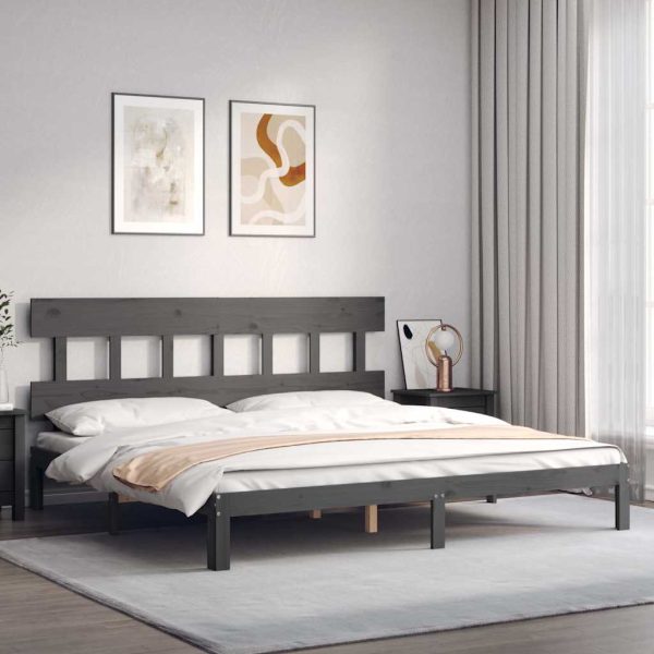 Cadru pat cu tăblie 200×200 cm, gri, lemn masiv