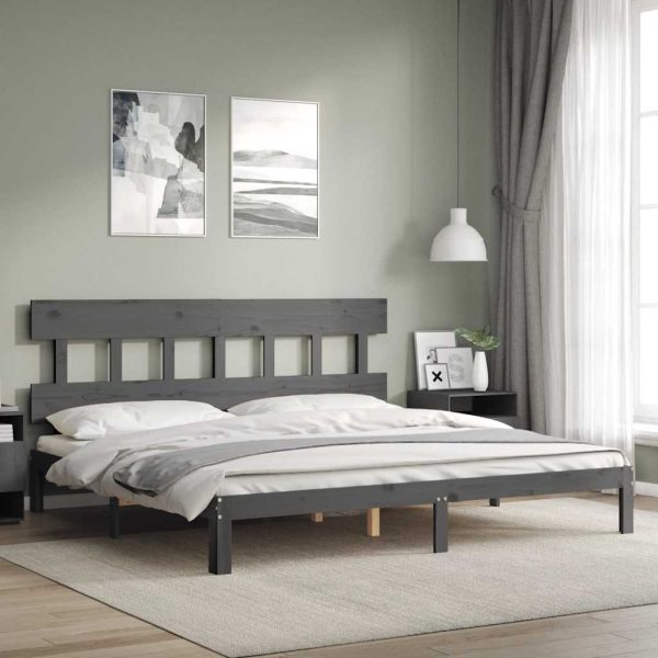 Cadru pat cu tăblie 200×200 cm, gri, lemn masiv