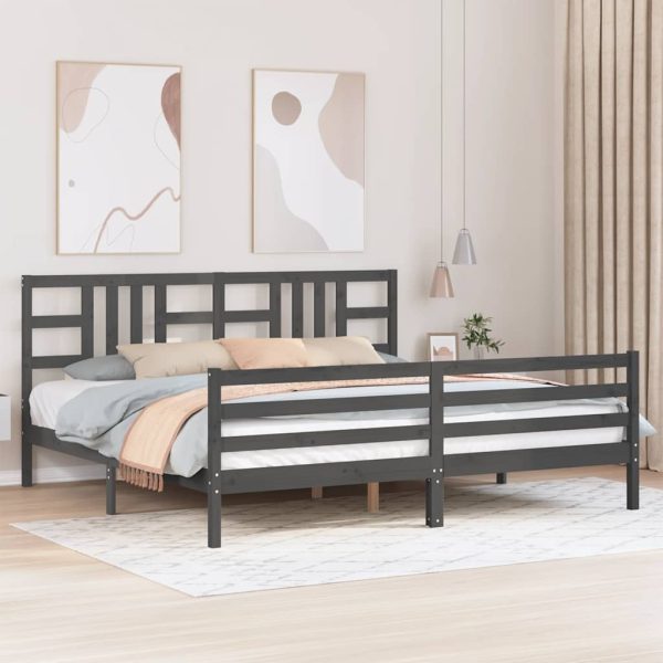 Cadru pat cu tăblie 200×200 cm, gri, lemn masiv