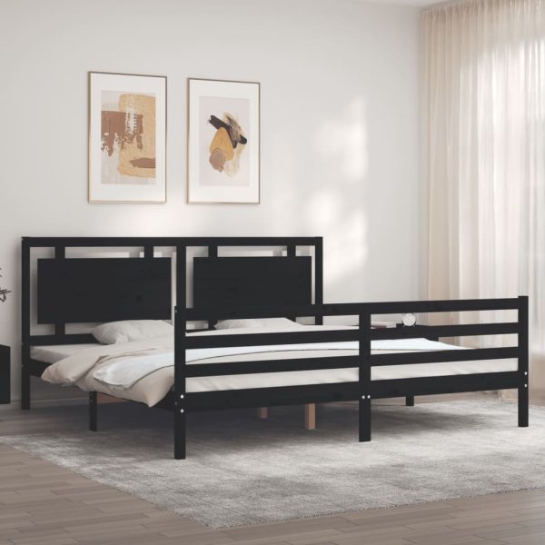 Cadru pat cu tăblie 200×200 cm, negru, lemn masiv