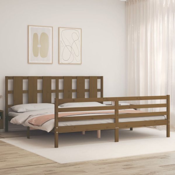 Cadru pat cu tăblie, maro miere, 200×200 cm, lemn masiv