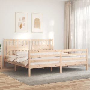 Cadru pat cu tăblie 200×200 cm, lemn masiv de pin