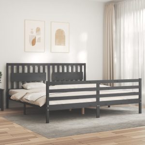 Cadru pat cu tăblie 200×200 cm, gri, lemn masiv