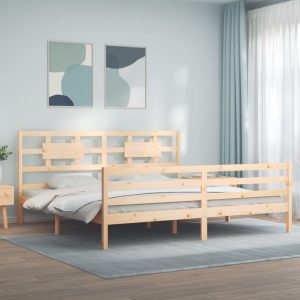 Cadru pat cu tăblie 200×200 cm, lemn masiv de pin