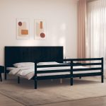 Cadru pat cu tăblie 200×200 cm, negru, lemn masiv