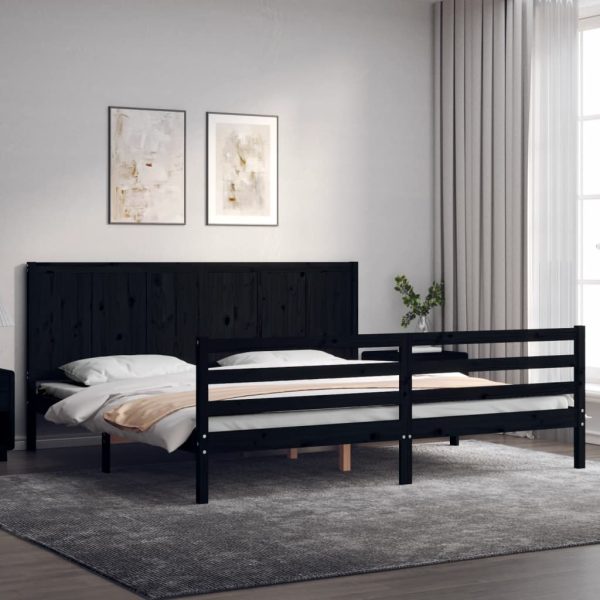 Cadru pat cu tăblie 200×200 cm, negru, lemn masiv