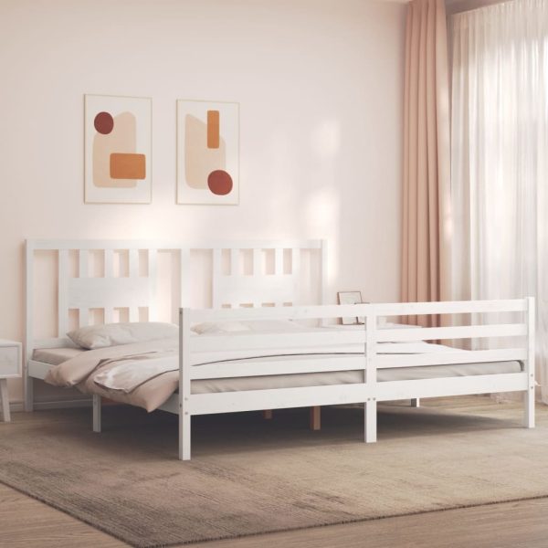 Cadru de pat cu tăblie Super King Size, alb, lemn masiv