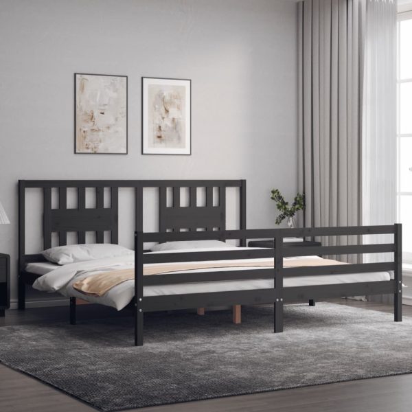 Cadru pat cu tăblie 200×200 cm, gri, lemn masiv
