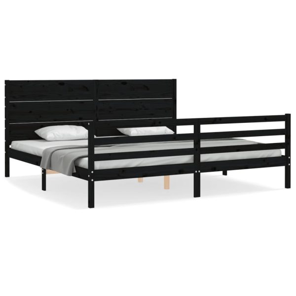 Cadru pat cu tăblie 200×200 cm, negru, lemn masiv