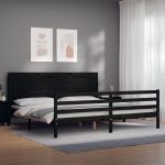 Cadru pat cu tăblie 200×200 cm, negru, lemn masiv